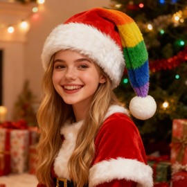 Bnikion Rainbow Santa Hat for Adult Unisex, Soft Velvet Xmas Hat, Fluffy White Fur Trim, Fuzzy Santa Clause Cap for Christmas New Year Festival