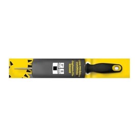Quadratische mechanische Feile mit Griff aus zwei Materialien und Aufhänger, ideal zum Formen und Glätten von Metalloberflächen.