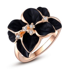 Acefeel Rose Gold Plated AAA Zirconia Crystal Luxurious Black Enamel Flower Design Cocktail Ring
