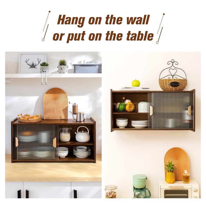 HollyHOME Small Bamboo Wall Mounted Kitchen Pantry Sideboard with 2