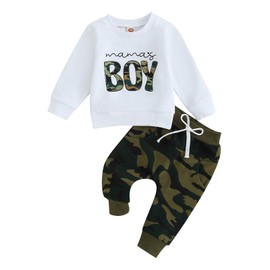 YILEEGOO Toddler Baby Boy Fall Outfit Mama's Boy Sweatshirt Top Elastic Waist Pants Set Cute 2pcs Baby Clothes Set (A2 White1, 0-6 Months)