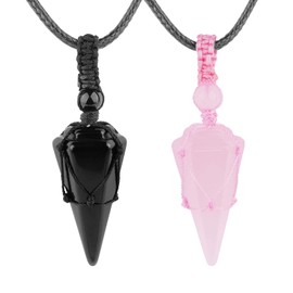 VIKCAUX 2 Pieces Crystal Matching Necklace Black Obsidian & Rose Quartz Amulet Pendant with Adjustable Rope Reiki Healing Crystal Stone Couple Necklaces