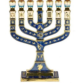 Esmalte Azul Menorá 7 Ramas Jerusalén 12 Tribus de Israel - Altura 12,7 cm