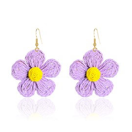 Just Follow Summer Rattan Earrings for Women Statement Sunflower Boho Raffia Straw Wrapped Flower Drop Dangle Earrings Summer Tropical Beach Jewelry (Violet)