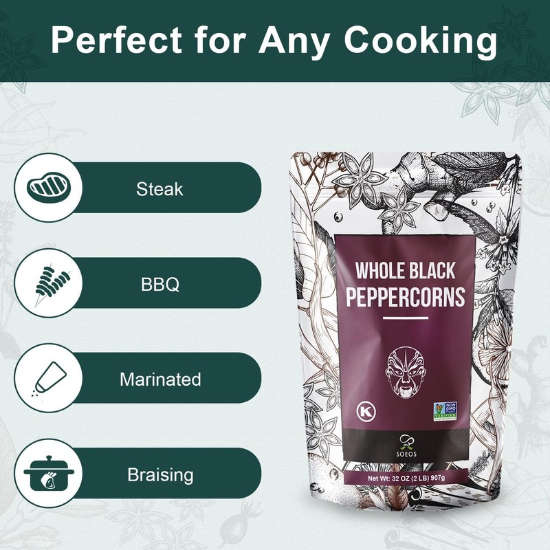 Soeos Black Peppercorns, 32oz (Pack of 1), Non-GMO, Kosher, Packed