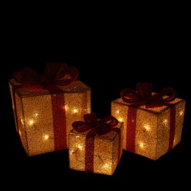 Northlight Set of 3 Gold Tinsel Gift Boxes with Red Bows Lighted Christmas Outdoor Decorations 12"