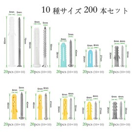 Board Anchors, Set of 200, 10 Different Sizes, Curling Plugs, Drywall Anchors, Hollow Wall Anchors, Corner Trimmers, Anchor Bolts, Plasterboard Screws, Screws & Plugs, Strong, Anti-Rotation Fixing