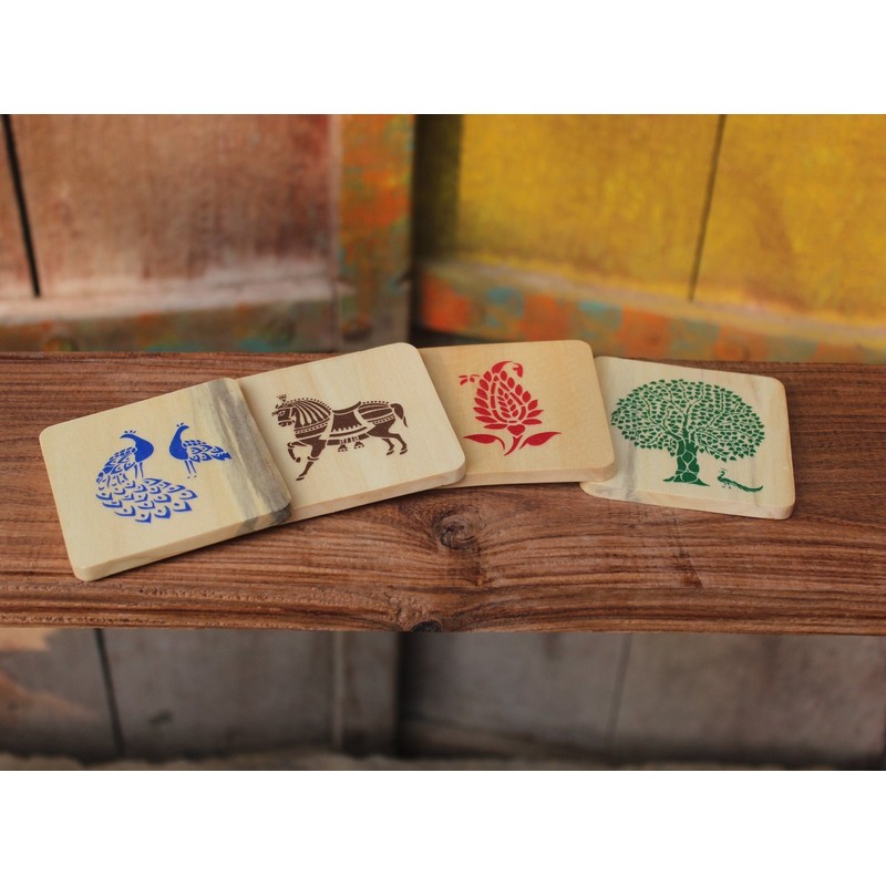 IVEI Sanjhi print wooden coasters set of 4