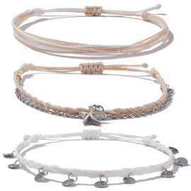 Lynnaneo Waterproof String Ankle Bracelets Boho Starfish Disc Coin Anklets Cute Summer Beach Anklet Braid Foot Jewelry Set for Women Teen Girls(White)