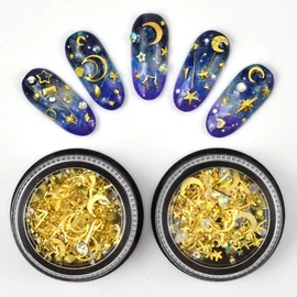 MEILINDS Gold Nail Studs Gems Sparkle Rhinestones Metal Rivets Charms Hollow Moon Star Shaped Artificial Pearls DIY 3D Nail Art Decoration(2 Boxes)