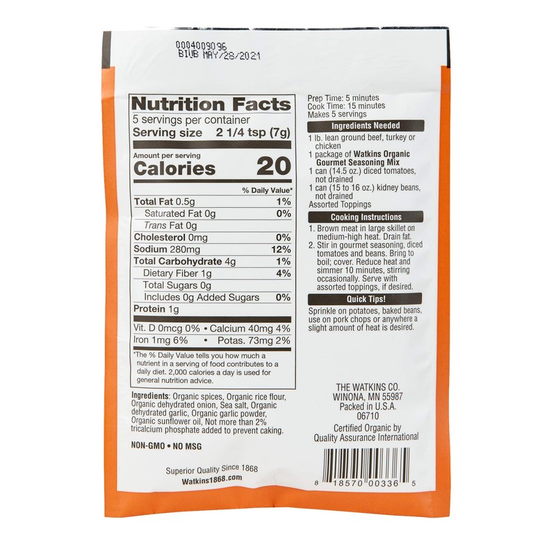 Watkins Organic Chili Gourmet Seasoning Mix, 1.25 oz. Packets (Pack