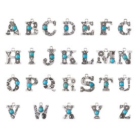 Pandahall 26Pcs Alloy Letter Charms Turquoise Stone Charms A-Z Alphabet Pendants Vintage Style Turquoise Western Charms for Necklace Bracelet Jewelry Craft Making