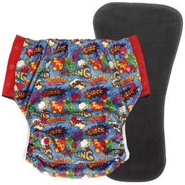 EcoAble Big Kids’ Pull-On Cloth Diaper, Age 6–16 | Reusable Potty Training & Incontinence Briefs for Special Needs Children (Bang Boom Comic, Junior 2)