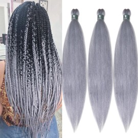 Grey Braiding Hair Pre Stretched Kanekalon Long Braiding Hair 26 Inch Fake Synthetic Hair for Braiding Extensions Micro Crochet Clean Therapy Prestretched Prestressed Braiding Hair UPruyo (3 Packs)