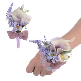 URROMA Wrist Corsage and Boutonniere Set, 1 Set Small Calla Lily Purple Hand Flower for Prom Artificial Wedding Bracelet for Wedding Party Prom