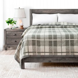 Poyet Motte Rivoli Solid 400GSM 100% Virgin Wool Blanket, Medium/Heavy Weight, Machine Washable (Grey Natural Plaid, Twin Size)