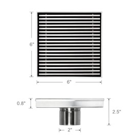 Sharpeye 6 Inch Square Shower Drain with Removable Wedge Wire Pattern Grate, Brushed Nickel 304 Stainless Steel Shower Floor Drain for Bathroom, CUPC Certified, with Hair Strainer