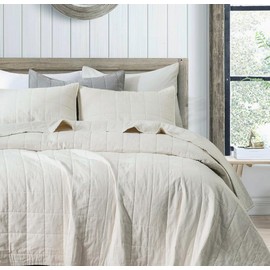 meadow park Stonewashed Linen Cotton Box Stitch Quilt and Matching Pillow Shams 3pcs Set, Queen Size, Beige Color.