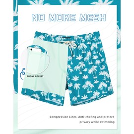 SURF CUZ Mens Swim Trunks 5" Swimming Trunks with Compression Liner Quick Dry Swim Shorts Bathing Suit with Zipper Pockets Turquoise Palm Tree Medium