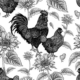 MuralPeel Black and White Rooster Chicken Sunflowers Farm Peel and Stick Wallpaper Self Adhesive Removable Easy Peel Off Stick on Wall Paper for Bedroom Cabinet Renter Friendly