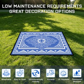 6'x9' Waterproof Blue Floral Reversible Outdoor Rug UV Fade Resistant