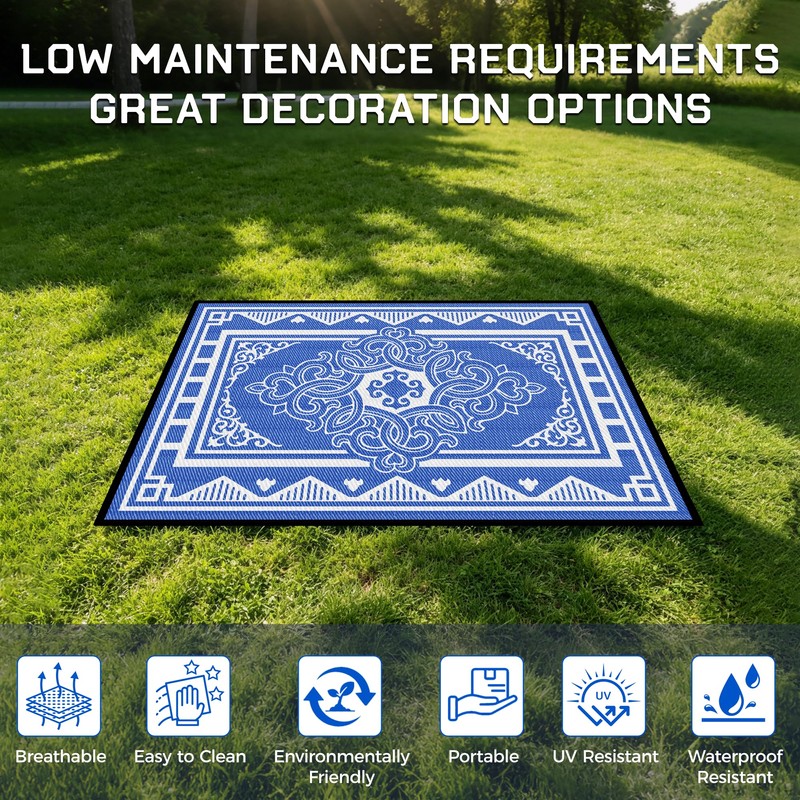 6'x9' Waterproof Blue Floral Reversible Outdoor Rug UV Fade Resistant