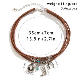 SAVNOJW Western Boho Leather Necklace for Women Men, Layered Turquoise Cowboy Boot Horseshoe Cowgirl Hat Cactus Pendant Necklace Adjustable Cord Party Choker (Brown)