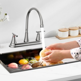HURRAN 2 Handle Kitchen Sink Faucet, 8 Inch High Arc 360°Swivel Kitchen Sink Faucet, 2 or 3 Hole Kitchen Faucet Without Side Sprayer, Centerset RV Kitchen Faucet with Stainless Steel Pipe, Chrome