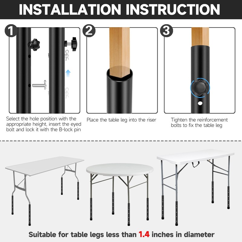 Laowu 8 PCS Folding Table Leg Extenders, 2 Levels Adjustable
