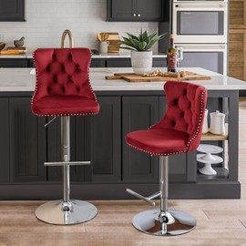 SoarFlash Velvet Bar Stool Set of 2, Adjustable Swivel Bar Stools with Silver Plated Metal Leg, Button Tufted, Footrest, Chrome Nailhead, Counter Height Chair for Kitchen, Bar, Dining Room (Wine Red)