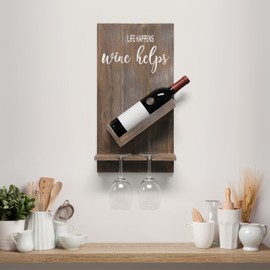 Elegant Designs HG1016-RWD Lucca Quote Saying “Life Happens Wine Helps” Wooden Bottle Shelf with Glass Holder Wall Mounted Wine Rack, Restored Wood