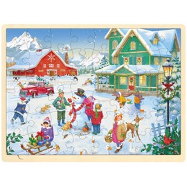 Christmas Puzzles 48 Piece for Kids Ages 3-5 by MoinKidz, Winter Holiday Christmas Wooden Jigsaw Puzzle for 3 4 5 Year Old, Snowy Farm Toddler Puzzles for Kids Ages 4-8 with Storage Tray