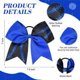 DEEKA 12 PCS Softball Cheer Bows with 2 Glitter Stitching Two Toned Cheerleader Team Bows Elastic Band for Softball Sports Girls (Royal Blue/Black+Royal Blue Stitching)