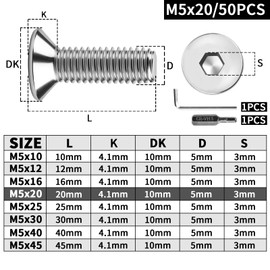 XRXYMQ 50 Stück Senkkopfschrauben M5 x 20 mm Senkkopfschrauben Edelstahl 304 Senkkopf Innensechskant Edelstahl Schrauben Schrauben mit Innensechskant Schlüsseln Elektrischer Schraubendreherkopf
