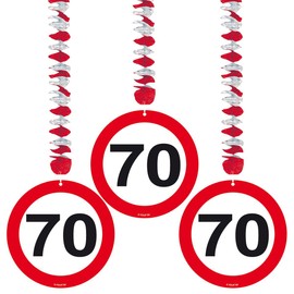 Traffic Sign 70th Party Hanging decor Pack of 3, 3 Traffic Sign Designs on foil spiral hanging decorations