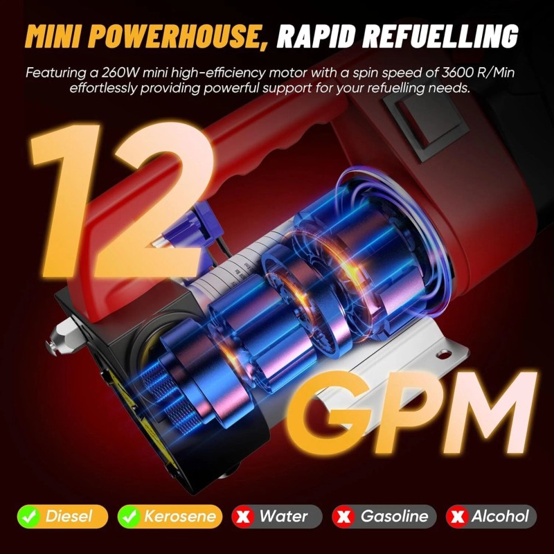 ‎TaskStar 260W Cordless Diesel Transfer Pump 12GPM Electric Fuel Transfer