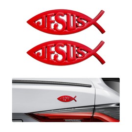 DXNQ 2PCS Jesus Fish Decal Sticker, 3D Car Decal Jesus Christian Fish Symbol Chrome Emblem, Faith Fish Stickers Religious Metal Badge Auto Decor for Truck Motorcycle Fridge (Red)