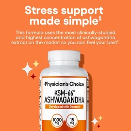 Physician's Choice KSM-66 Ashwagandha 1000mg – 5% Withanolides, Vegan Capsules for Sleep Support, Athletic Recovery, Stress Relief & Cognitive Health