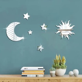 9PCS Decorative Wall Stickers,Silver Acrylic Stars Decals,Sun & Moon Decals Wall DIY Home Art Decor Wall Sticker Murals for Bedroom, Living Room, Baby Nursery Room Home Wall Decors