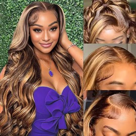 QNQZ 220 Density Highlight Ombre 13x6 Lace Front Wig Human Hair 32 Inch Body Wave Honey Blonde Glueless HD Lace Frontal Wigs for Women 4/27 Brow Ombre Human Hair Pre Plucked with Baby Hair