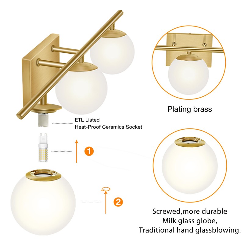 YHTlaeh New Bathroom Vanity Light 3 Lights Fixtures Brushed Brass
