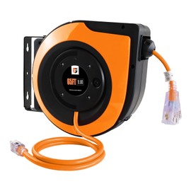 EP Retractable Extension Cord Reel,65 Feet 12 AWG/3C SJTOW Heavy Duty Power Cord,15 AMP Circuit Breaker, 3-Lighted Triple Outlets,Ceiling or Wall Mount Use Indoor, Orange