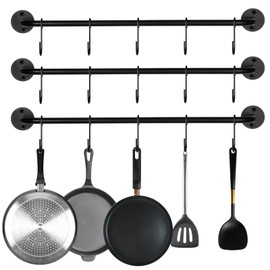 HOFURME 3 Pcs Wall Mounted Pot Pan Rack, Black Steel-Made Kitchen Utensil Rack Organizer, Industrial Utensils Wall Hanger Iron Pipe Kitchen Hanging Rail with 15 S Hooks