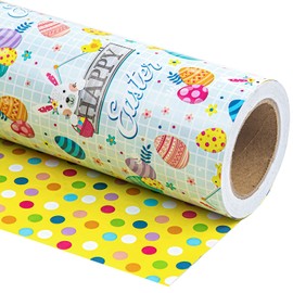 WRAPAHOLIC Reversible Wrapping Paper - Mini Roll - 17 Inch X 33 Feet - Easter Bunny and Polke Dot Design for Celebration, Baby Shower