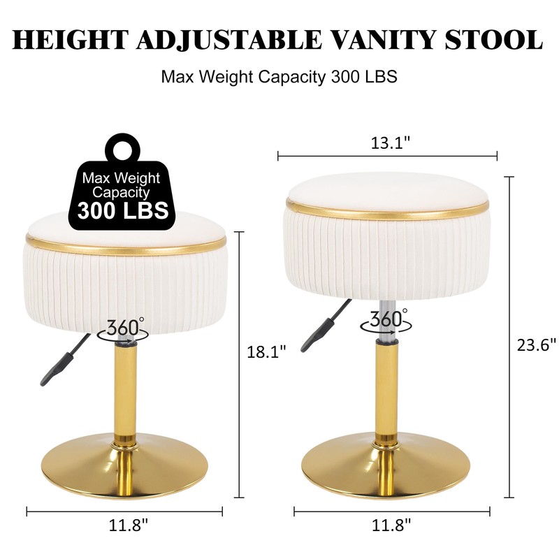 MRITWAII Adjustable Vanity Stool with Storage, 360° Swivel Makeup Stool