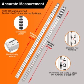 MUTOOP 16FT Aluminum Grade Rod & Telescopic Leveling Rod - 5-Stage Survey Rod with Bubble Level, Dual-Sided Grade Stick for Laser Level, Portable Measuring Stick for Surveying