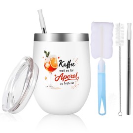 Aperol Stainless Steel Wine Tumbler with "Coffee Because It's Too Early for Aperol", 12 oz 304 Wine Cup with Lid, Straw Brush, Cup Brush and Straw, Gift Set for Women, Colleague