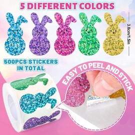 500 Pcs Easter Stickers, 1.5 Inches Bunny Stickers Self-Adhesive Labels Happy Easter Label Sticker Rolls Holographic Easter Rabbit Stickers for Kids Easter Party Decor (5 Color)