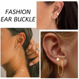 Earrings 925 Silver for Women Girls 14K Gold-Plated Double Piercing Stud Earrings Hoop Earrings with Chain, Hypoallergenic Cubic Zirconia Earrings Silver Hanging for Multiple Ear Holes Cartilage