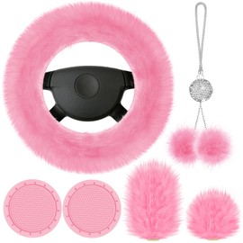 Frienda 6 Pieces Fluffy Car Accessories Set Fluffy Steering Wheel Cover Soft Fuzz Handbrake Gear Shift Cover Bling Mirror Fuzz Bling Car Pad Decoration(Pink)